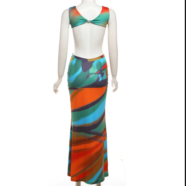 Gradient round neck sleeveless backpack hip dress