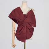 Solid color asymmetrical collar bow decoration patchwork top