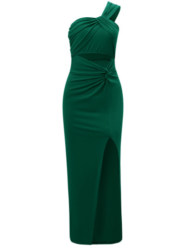Solid color slanted shoulder hollowed out slit dress