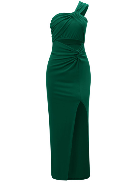 Solid color slanted shoulder hollowed out slit dress