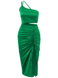 Slant Shoulder Hanging Neck Open Waist Split pleated Dress