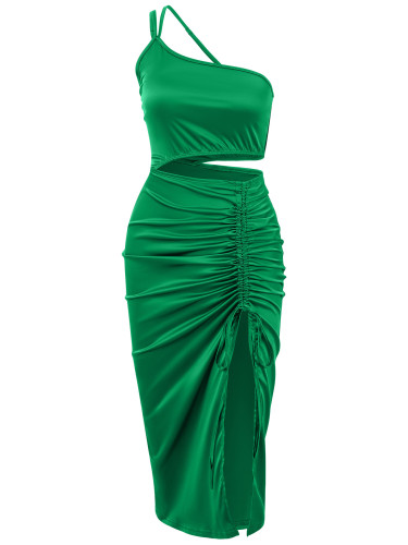 Slant Shoulder Hanging Neck Open Waist Split pleated Dress