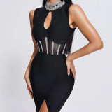 Women's high necked hot diamond sexy hollow mesh front slit bandage dress