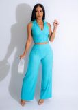 Solid color lapel wide leg fashion casual two-piece set