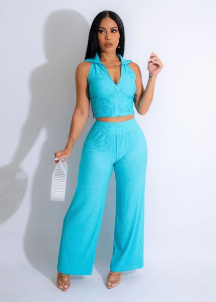 Solid color lapel wide leg fashion casual two-piece set