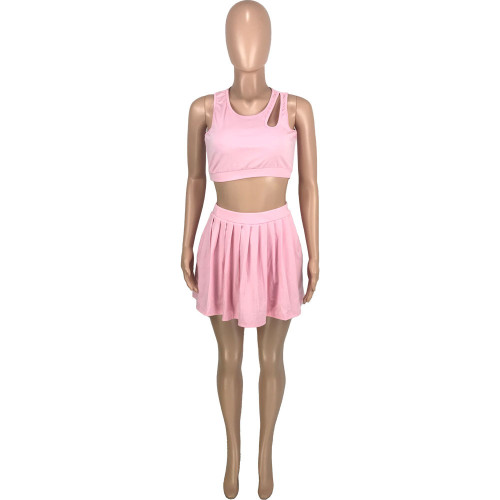 Waist exposed hollow pleated loose vest short skirt two-piece set