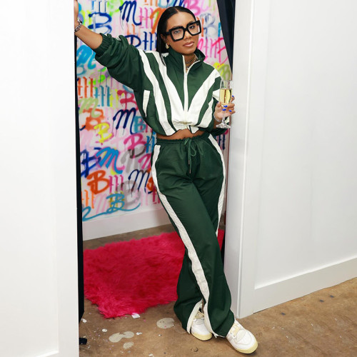 Color blocking zipper long sleeved short jacket+high waisted straight leg pants two-piece set