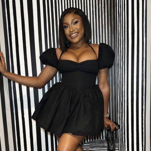 One shoulder hanging neck skirt with bubble sleeves dress