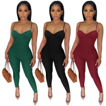 Women's suspender solid color V-neck jumpsuit pants