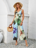 Printed shoulder strap hollowed out jumpsuit
