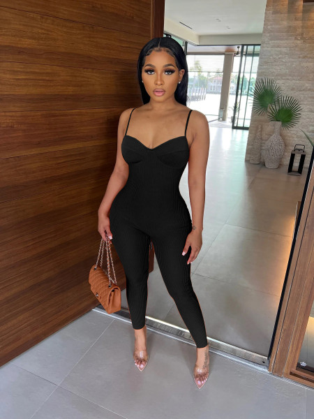 Women's suspender solid color V-neck jumpsuit pants