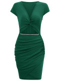 V-neck exposed waist slim fit casual short sleeved dress