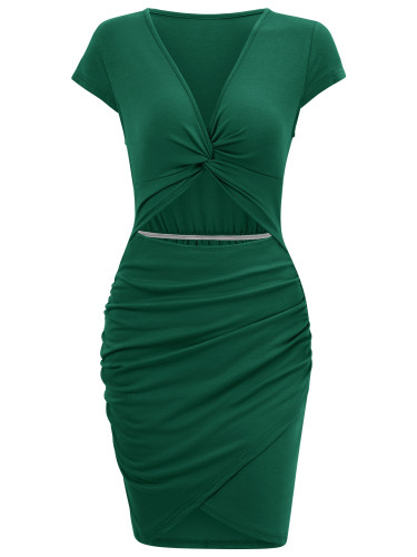 V-neck exposed waist slim fit casual short sleeved dress