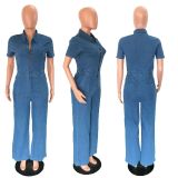 Denim jumpsuit short sleeved wide leg pants