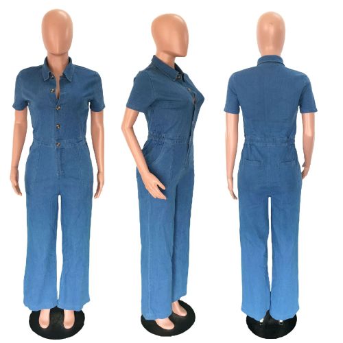 Denim jumpsuit short sleeved wide leg pants