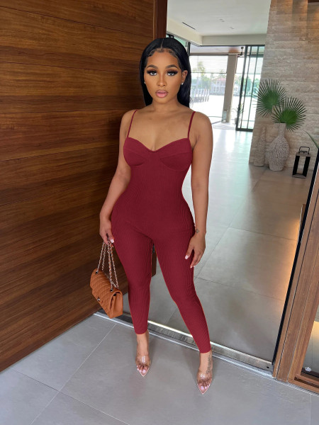 Women's suspender solid color V-neck jumpsuit pants