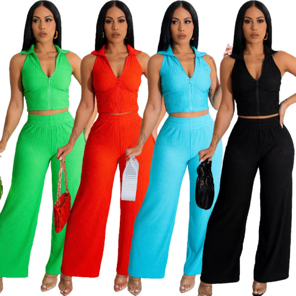 Solid color lapel wide leg fashion casual two-piece set