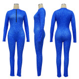 Women's pit stripe printed sexy V-neck tight zippered jumpsuit