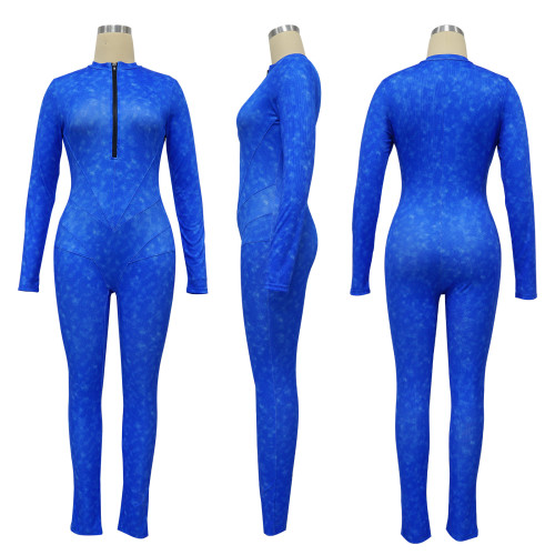 Women's pit stripe printed sexy V-neck tight zippered jumpsuit