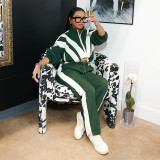 Color blocking zipper long sleeved short jacket+high waisted straight leg pants two-piece set