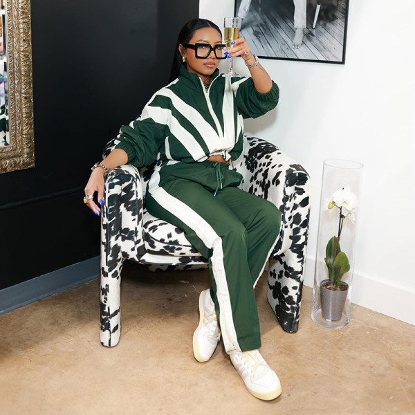 Color blocking zipper long sleeved short jacket+high waisted straight leg pants two-piece set
