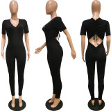 Stretchable drawstring pleated short sleeved jumpsuit