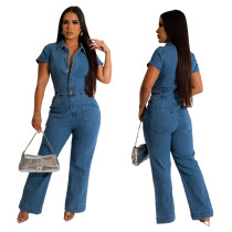 Denim jumpsuit short sleeved wide leg pants Denim jumpsuit short sleeved wide leg pants