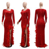 Round neck long sleeved high slit buttocks wrapped dress