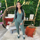 Women's pit stripe printed sexy V-neck tight zippered jumpsuit