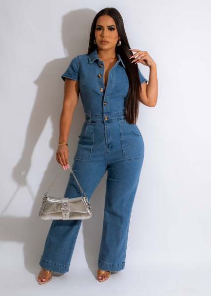 Denim jumpsuit short sleeved wide leg pants