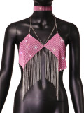 Single shoulder leopard print hanging neck short sequin suspender metal vest