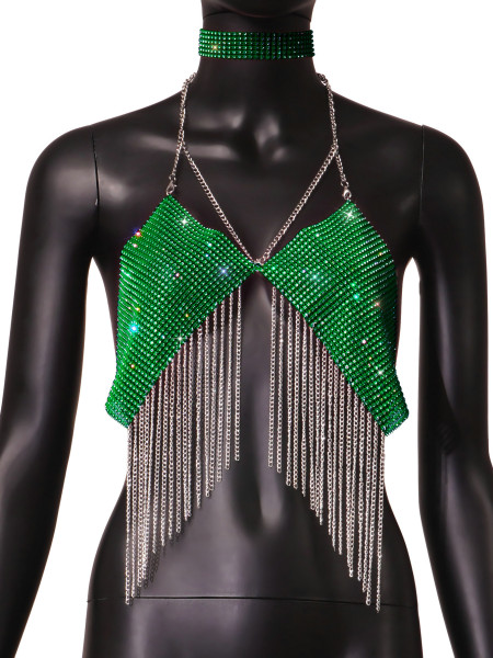 Single shoulder leopard print hanging neck short sequin suspender metal vest