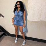 Short sleeved elastic waist drawstring sexy buttocks wrapped elastic denim skirt