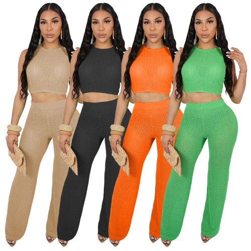 Women's casual hollowed out knitted pants sleeveless set