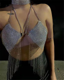 Single shoulder leopard print hanging neck short sequin suspender metal vest