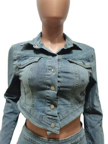 Washed button work bag denim top