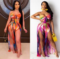 Sexy Chest Wrap Tie Up Trouser Hem Split Print Two Piece Set