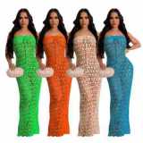 Women's knitted one shoulder sequin hollowed out beach skirt