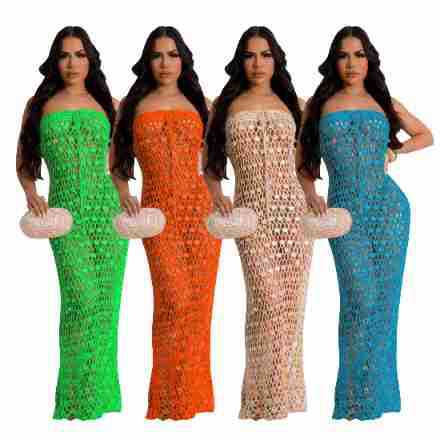 Women's knitted one shoulder sequin hollowed out beach skirt