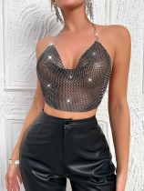 Slim fit black solid color sparkling diamond fishing net small sling Slim fit black solid color sparkling diamond fishing net small sling
