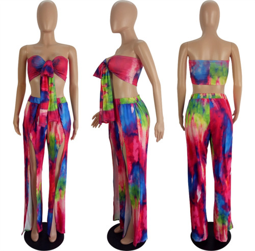Sexy Chest Wrap Tie Up Trouser Hem Split Print Two Piece Set