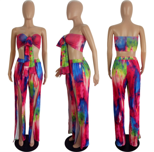 Sexy Chest Wrap Tie Up Trouser Hem Split Print Two Piece Set