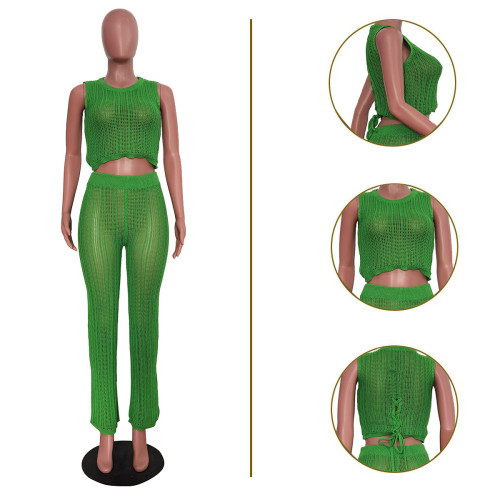 Women's casual hollowed out knitted pants sleeveless set