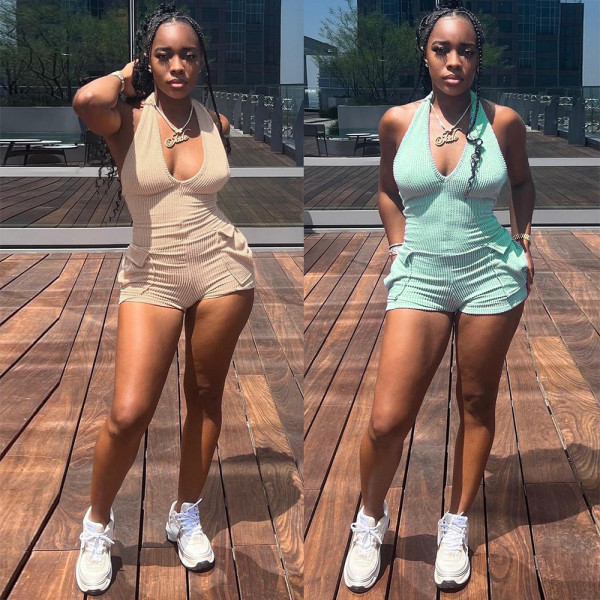 Hanging neck hollow open back pocket slim fit jumpsuit
