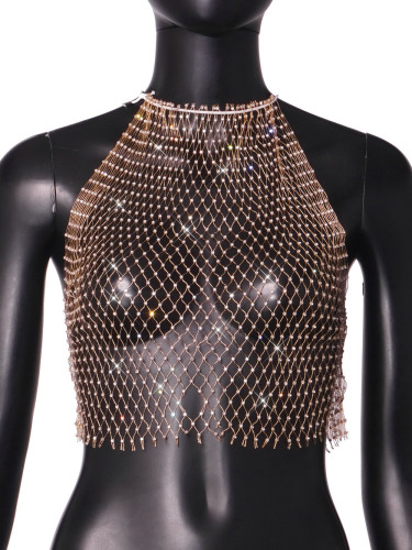 Fishing net water diamond sleeveless neck hanging women's backless vest