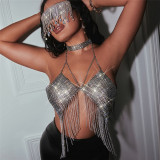 Single shoulder leopard print hanging neck short sequin suspender metal vest