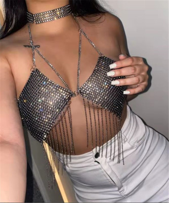 Single shoulder leopard print hanging neck short sequin suspender metal vest