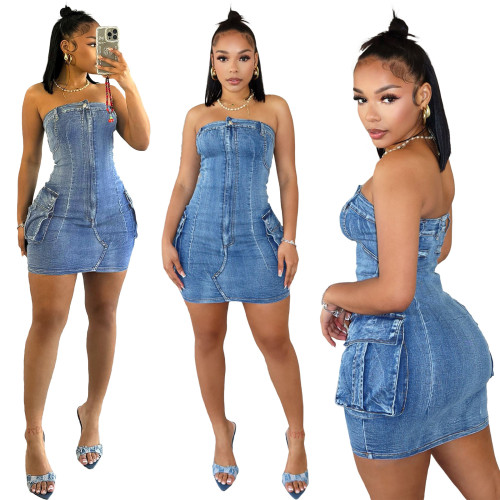 Sexy strapless wash button elastic denim dress