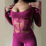 Open back low neck mesh jacquard high waisted long pants with tight fitting jumpsuit