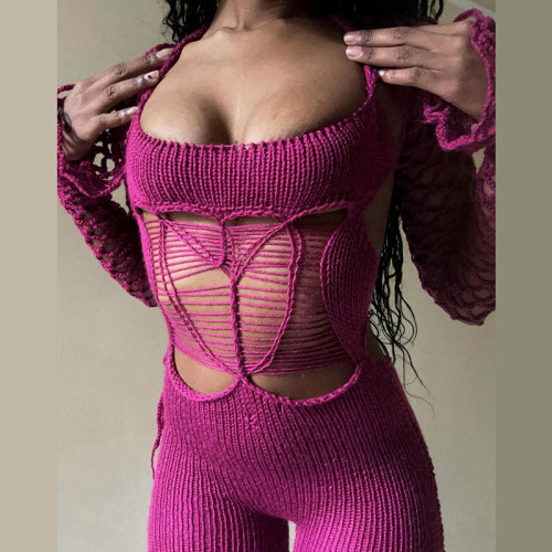 Open back low neck mesh jacquard high waisted long pants with tight fitting jumpsuit